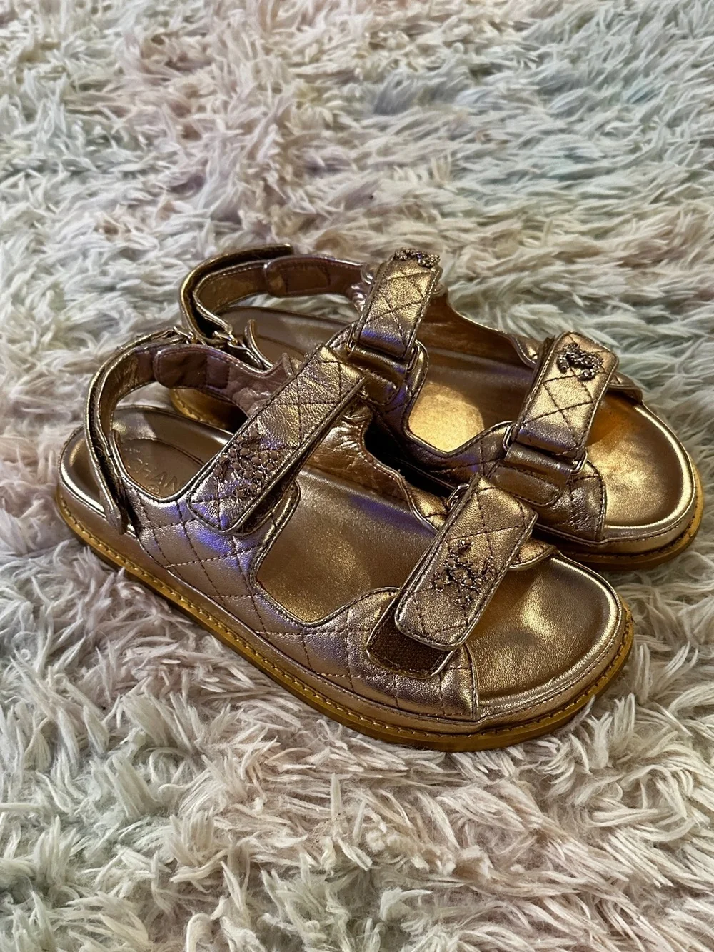 Chanel Iridescent Lambskin Quilted Velcro Dad Sandals in Light Bronze Size 40